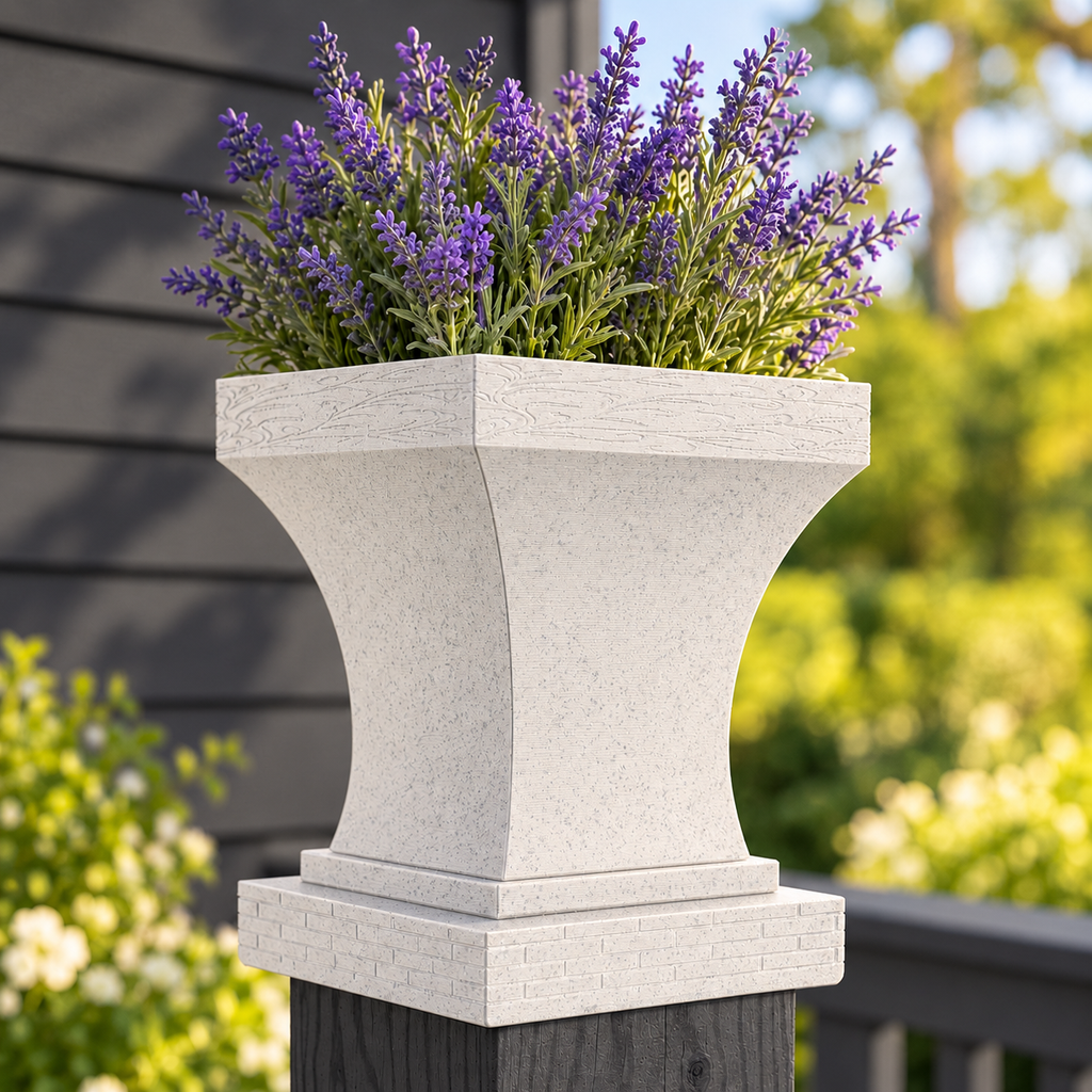 6x6 Post Cap Planter – Marble – Brick Base 5.5x5.5 Post Size
