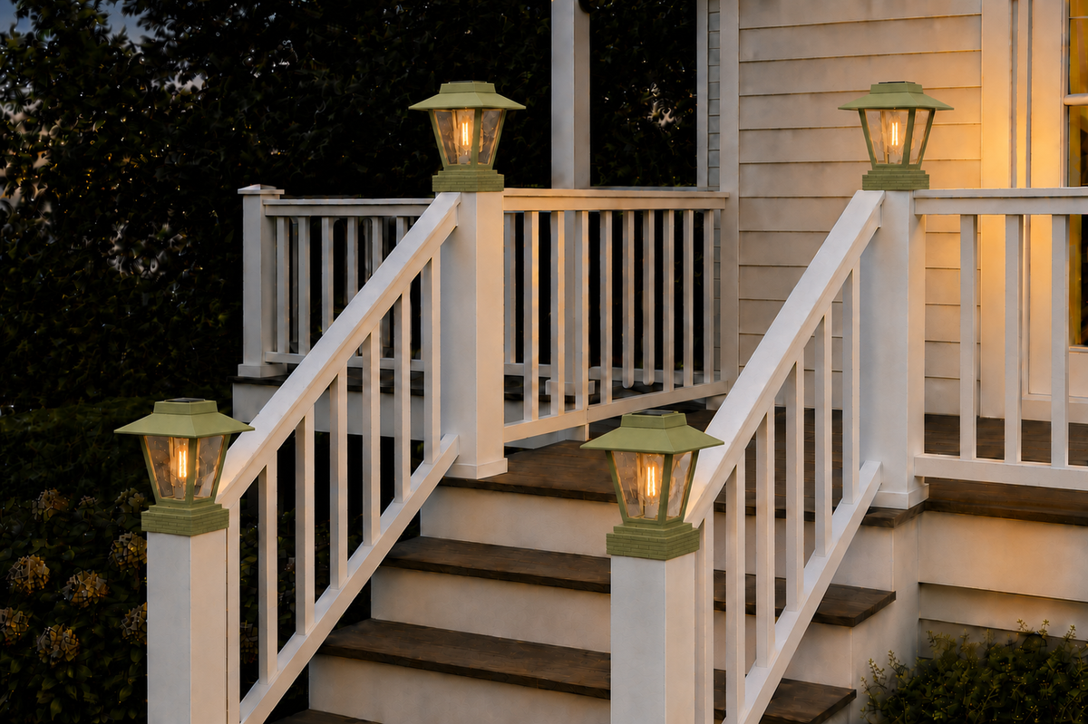Lantern with Rippled Glass 4-Inch Edison Bulb 4.5-Inch Solar Post Cap Light – Natural Green