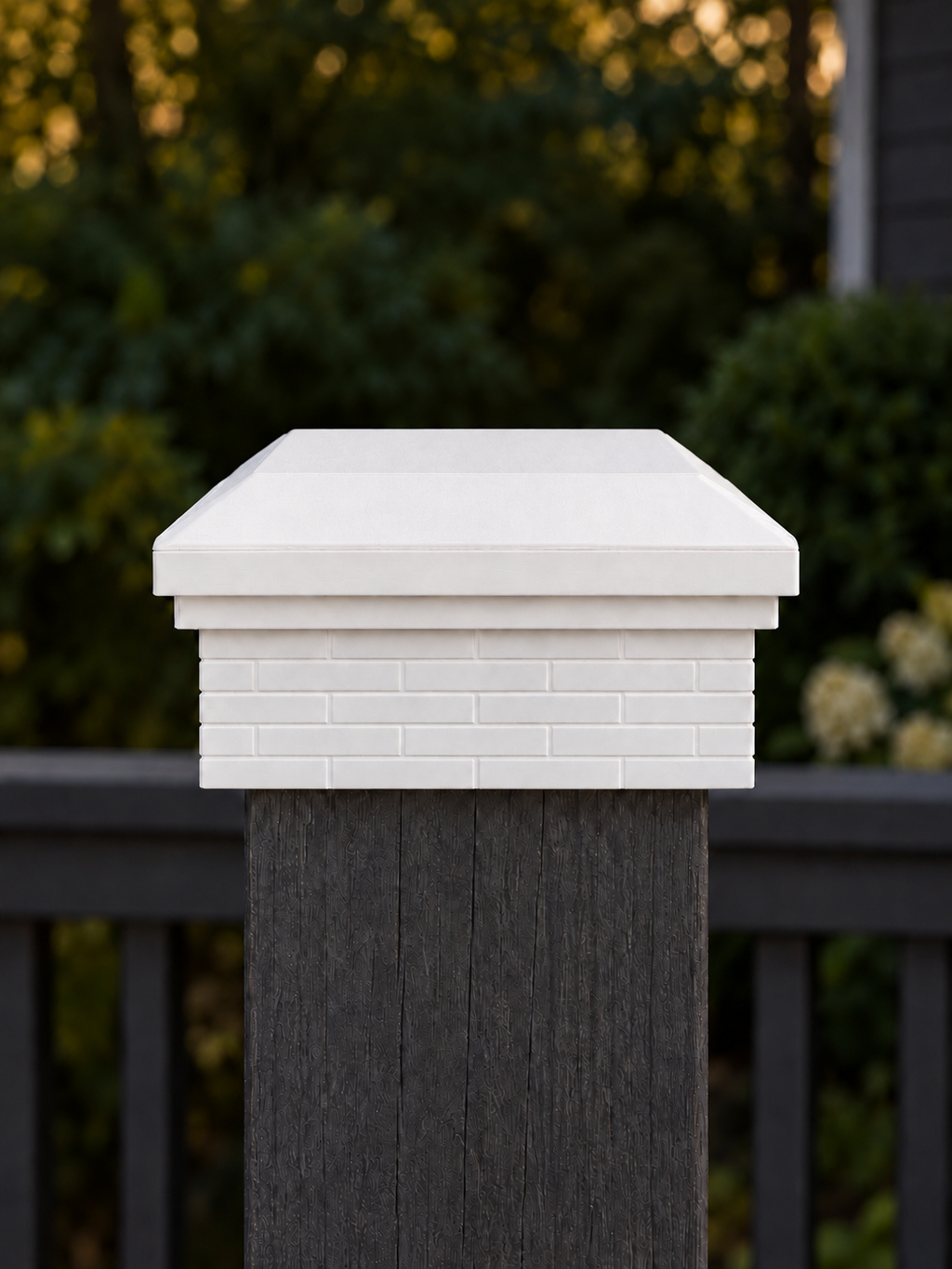 4×4 Post Cap – Low Profile Roof with Brick Base – White – Fits 4″ Posts