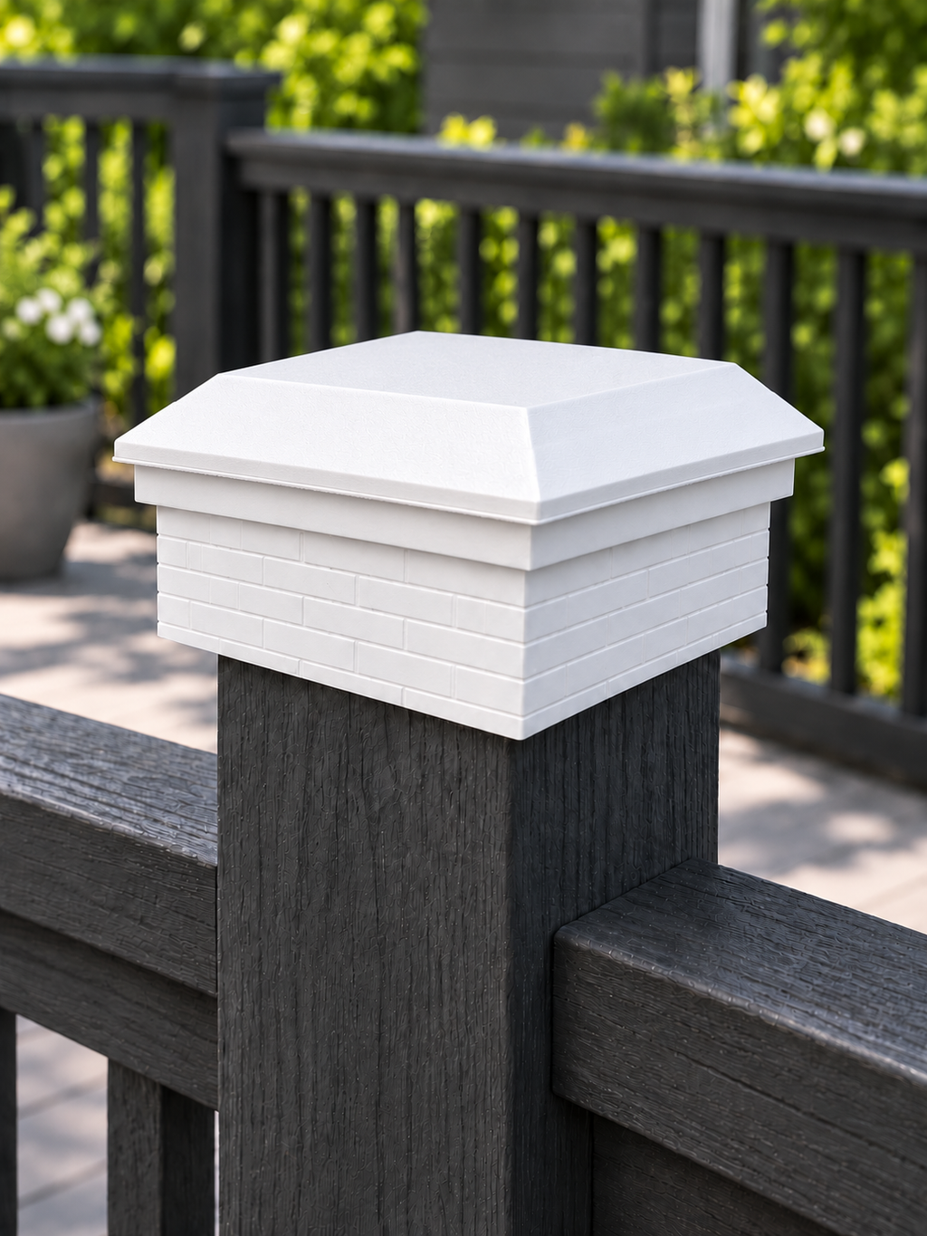 4×4 Post Cap – Low Profile Roof with Brick Base – White – Fits 4″ Posts
