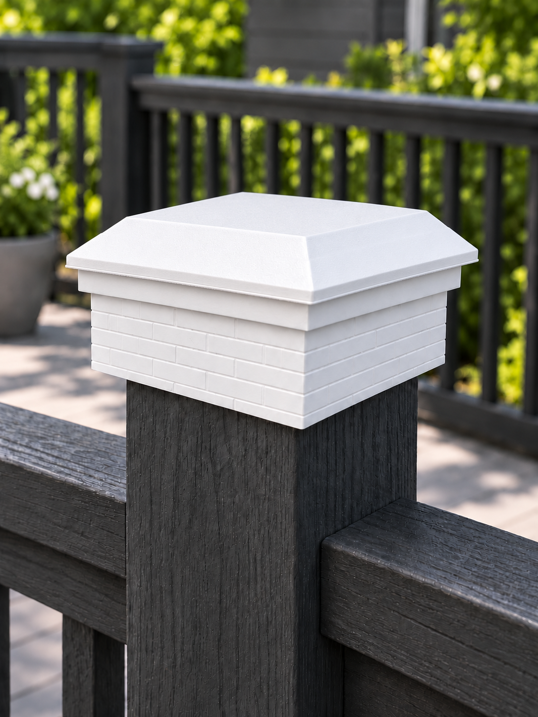4×4 Post Cap – Low Profile Roof with Brick Base – White – Fits 4″ Posts