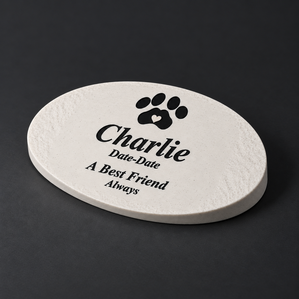 Personalized Pet Memorial – Smooth Oval – Charlie with black lettering and paw; angled view of matte speckled 3D-printed ASA, without LED.