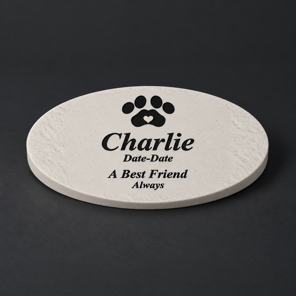 Charlie personalized smooth oval pet memorial, 3D-printed matte speckled marble ASA with black lettering and paw, without LED