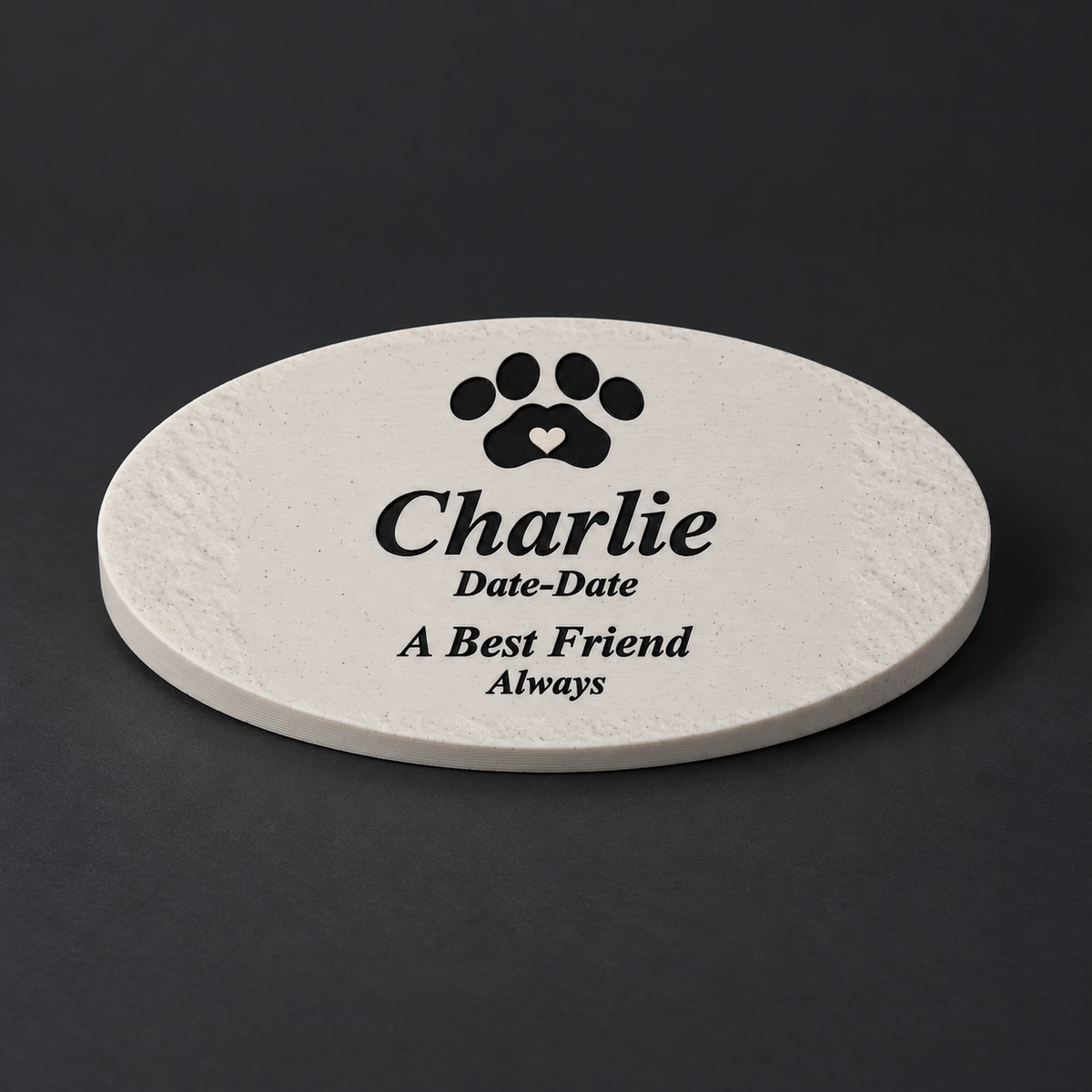 Charlie personalized smooth oval pet memorial, 3D-printed matte speckled marble ASA with black lettering and paw, without LED