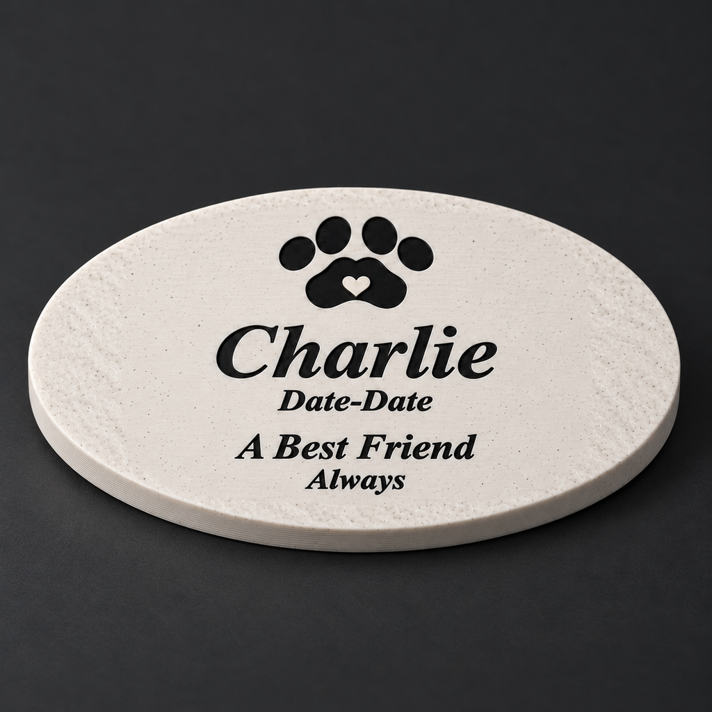 Charlie smooth oval 3D-printed marble ASA pet memorial, close view of printed texture and lettering, no LED