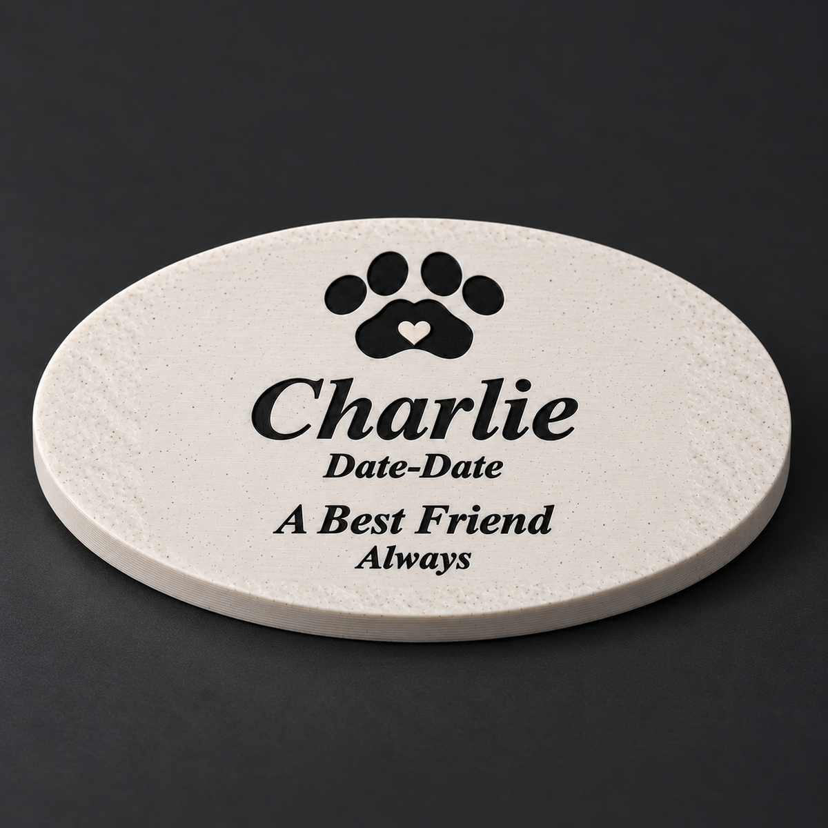 Charlie smooth oval 3D-printed marble ASA pet memorial, close view of printed texture and lettering, no LED