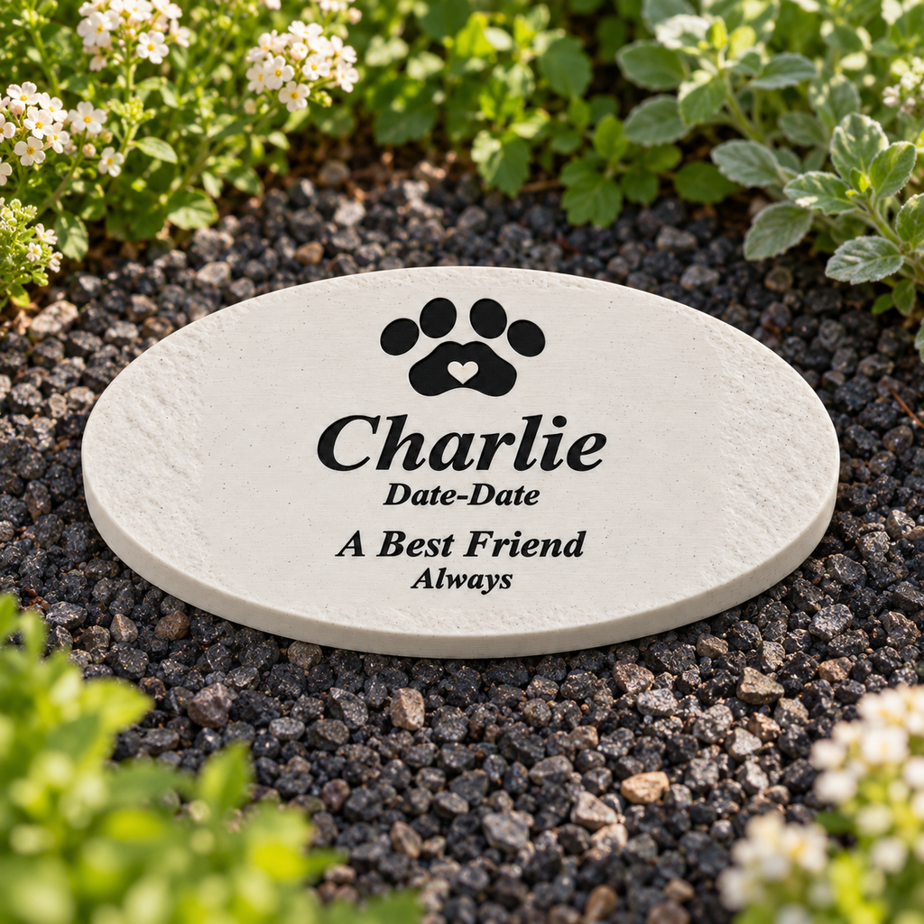 Personalized Pet Memorial – Smooth Oval – Charlie with black lettering and paw; daylight garden view of matte speckled 3D-printed ASA, without LED.