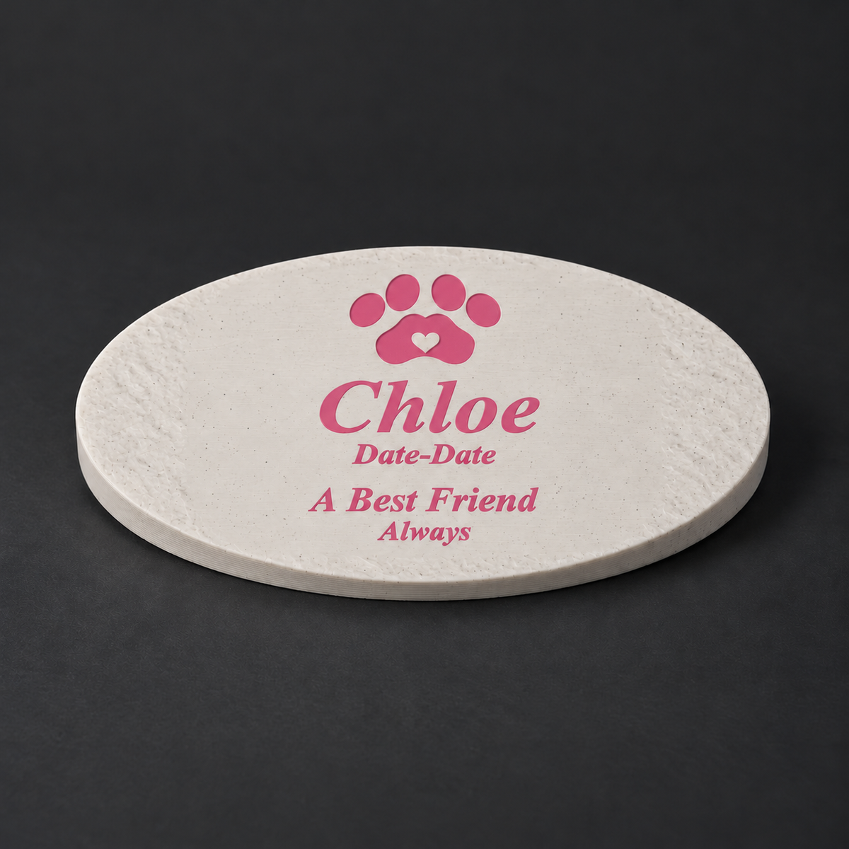 Personalized Pet Memorial – Smooth Oval – Chloe with pink lettering and paw; front view of matte speckled 3D-printed ASA, without LED.