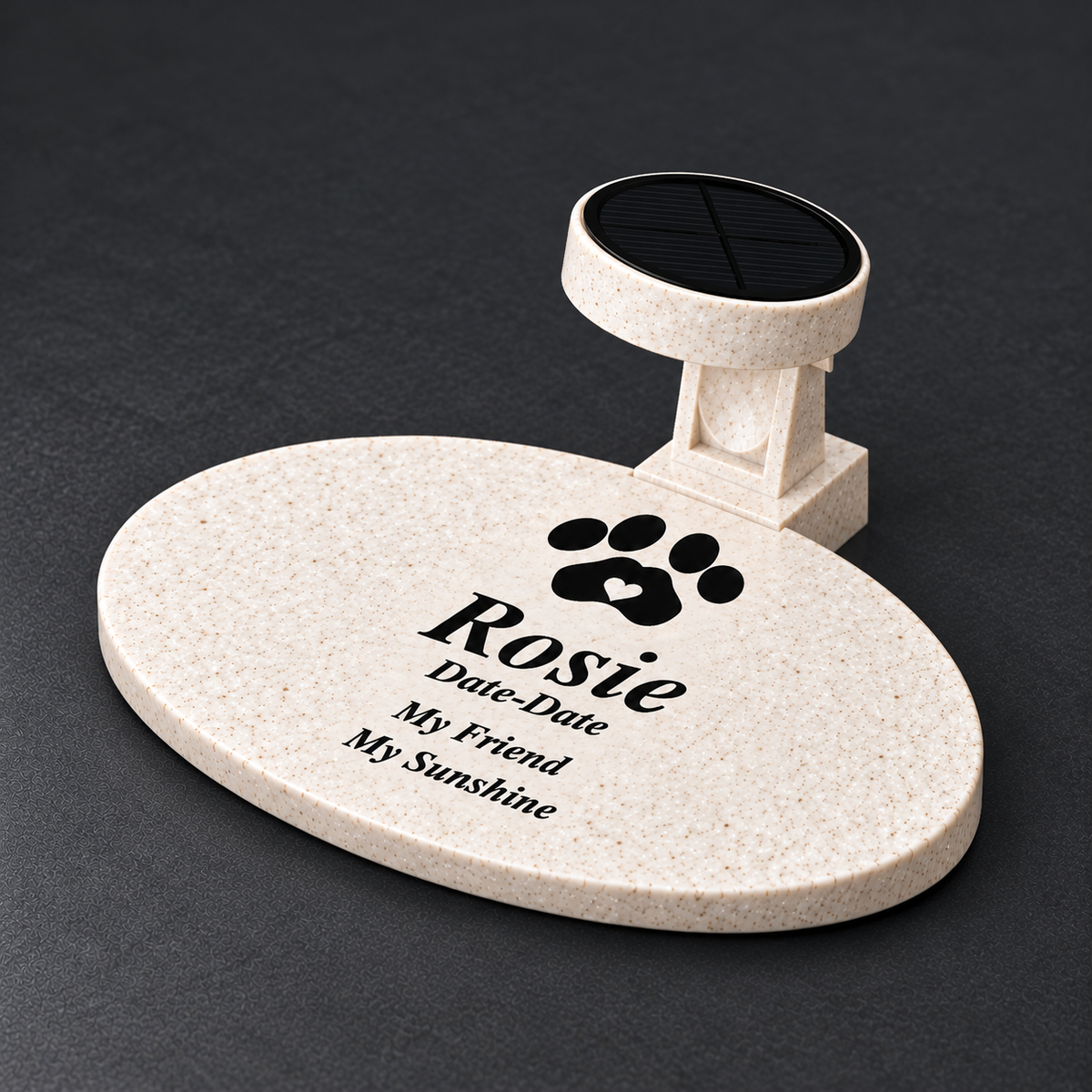 Angled studio view of the smooth oval Rosie memorial showing the shallow sloping body and matching solar-light holder