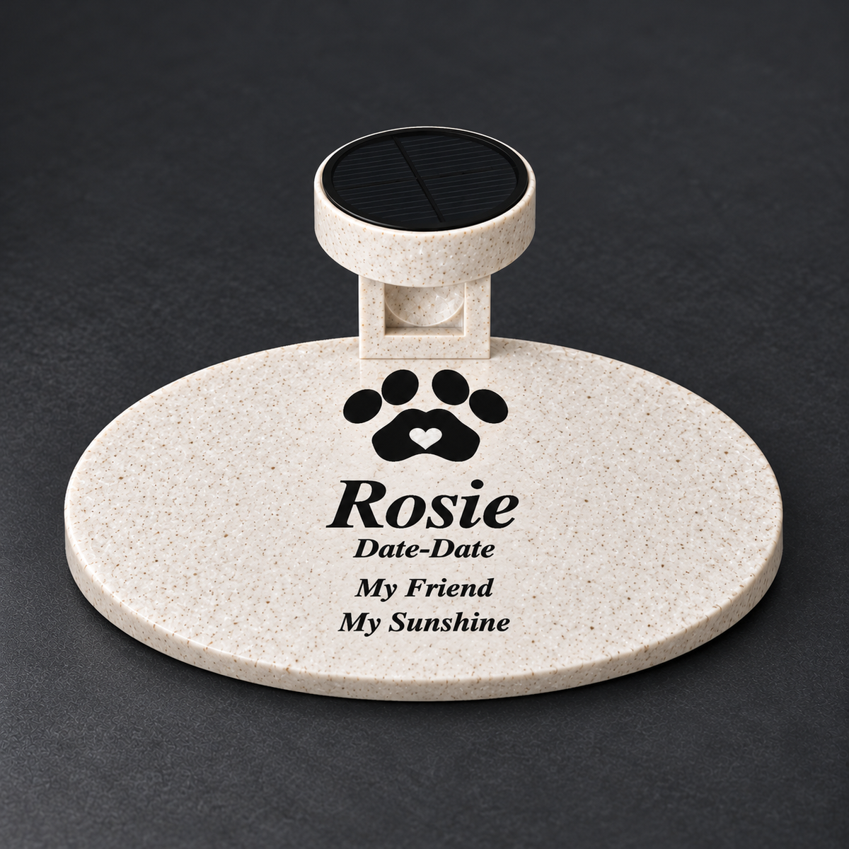 Smooth oval marble-look pet memorial with black Rosie inscription and black paw with marble-white heart, and matching solar light