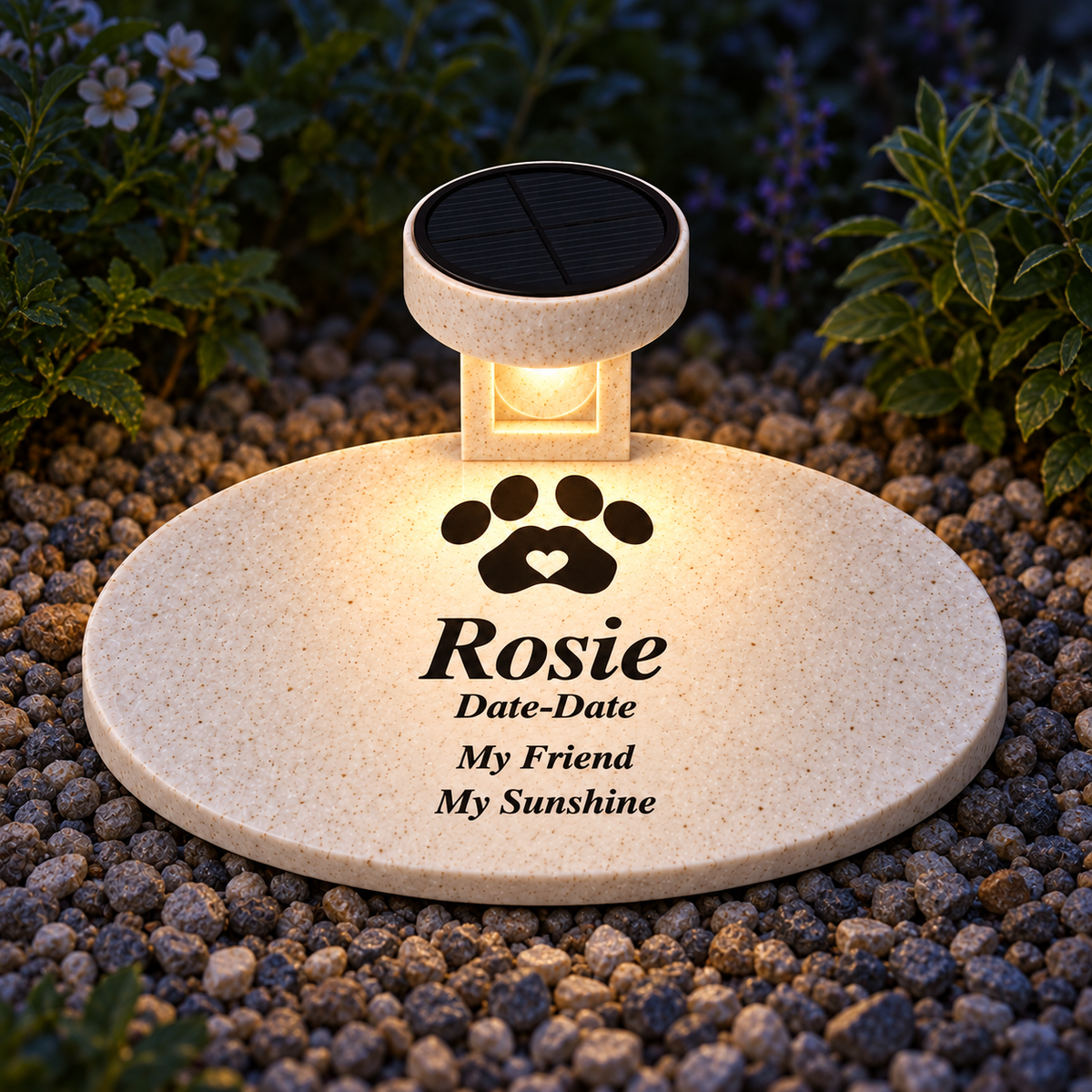 Evening lighting illustration of the solar light illuminating the smooth oval Rosie pet memorial