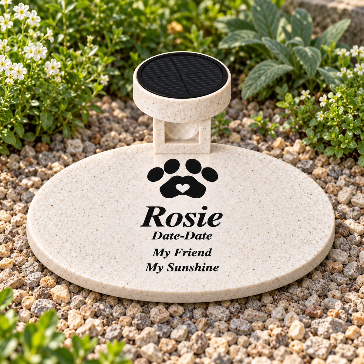 Smooth oval personalized Rosie pet memorial with solar light displayed in a garden during daylight