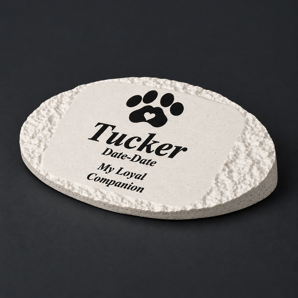 Tucker rough oval 3D-printed marble ASA pet memorial, angled studio view, no LED