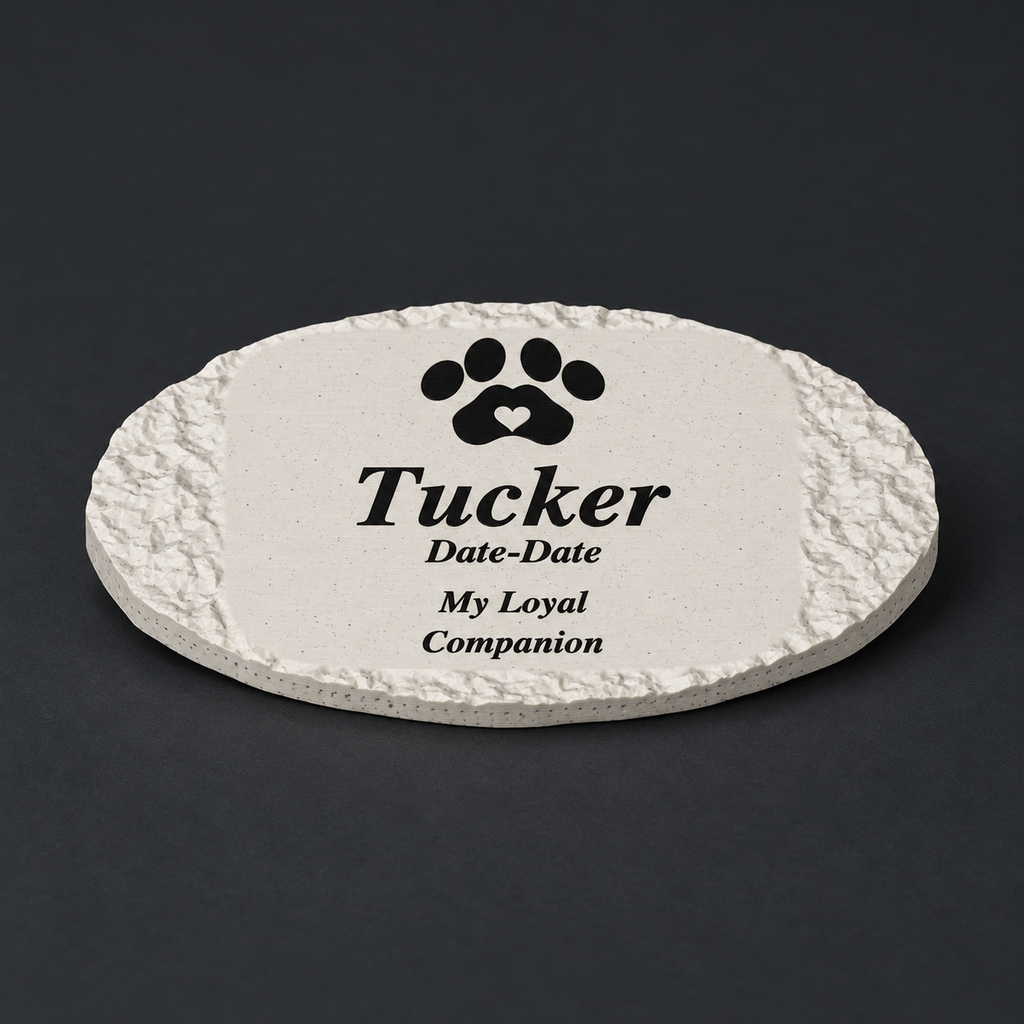 Tucker personalized rough oval pet memorial, 3D-printed matte speckled marble ASA with black lettering and paw, without LED