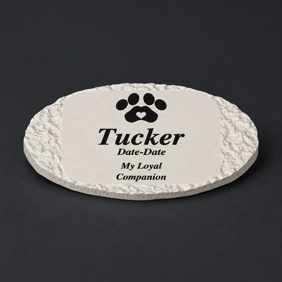 Tucker personalized rough oval pet memorial, 3D-printed matte speckled marble ASA with black lettering and paw, without LED