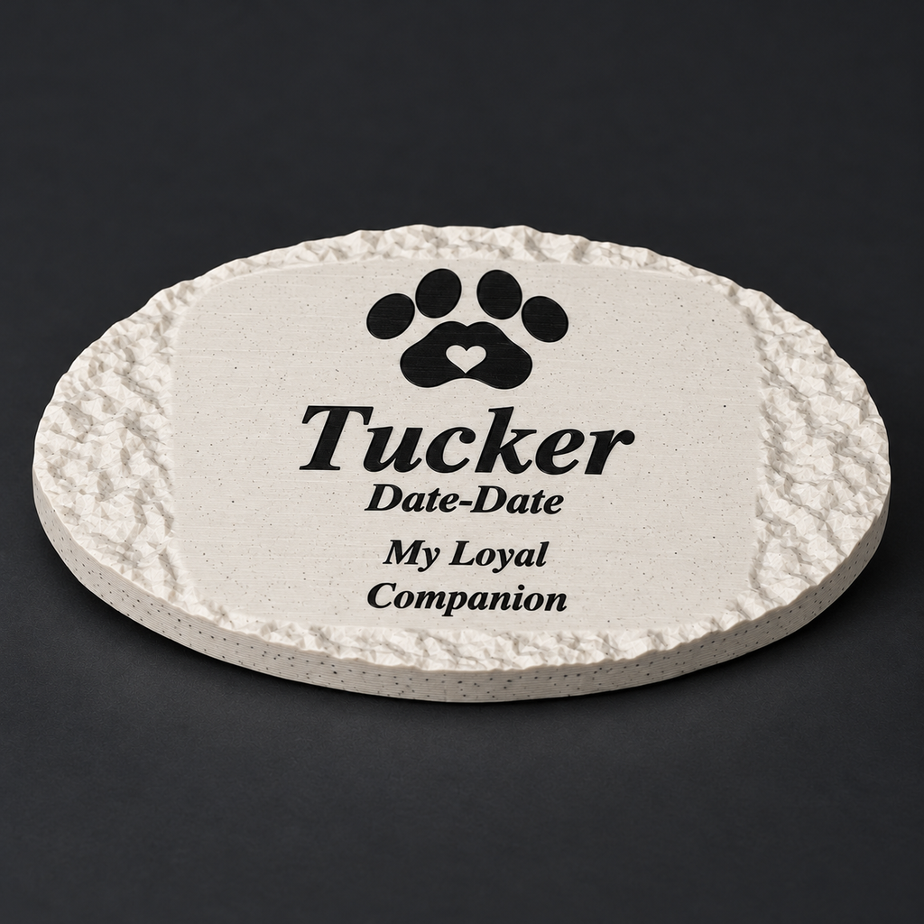 Tucker rough oval 3D-printed marble ASA pet memorial, close view of printed texture and lettering, no LED