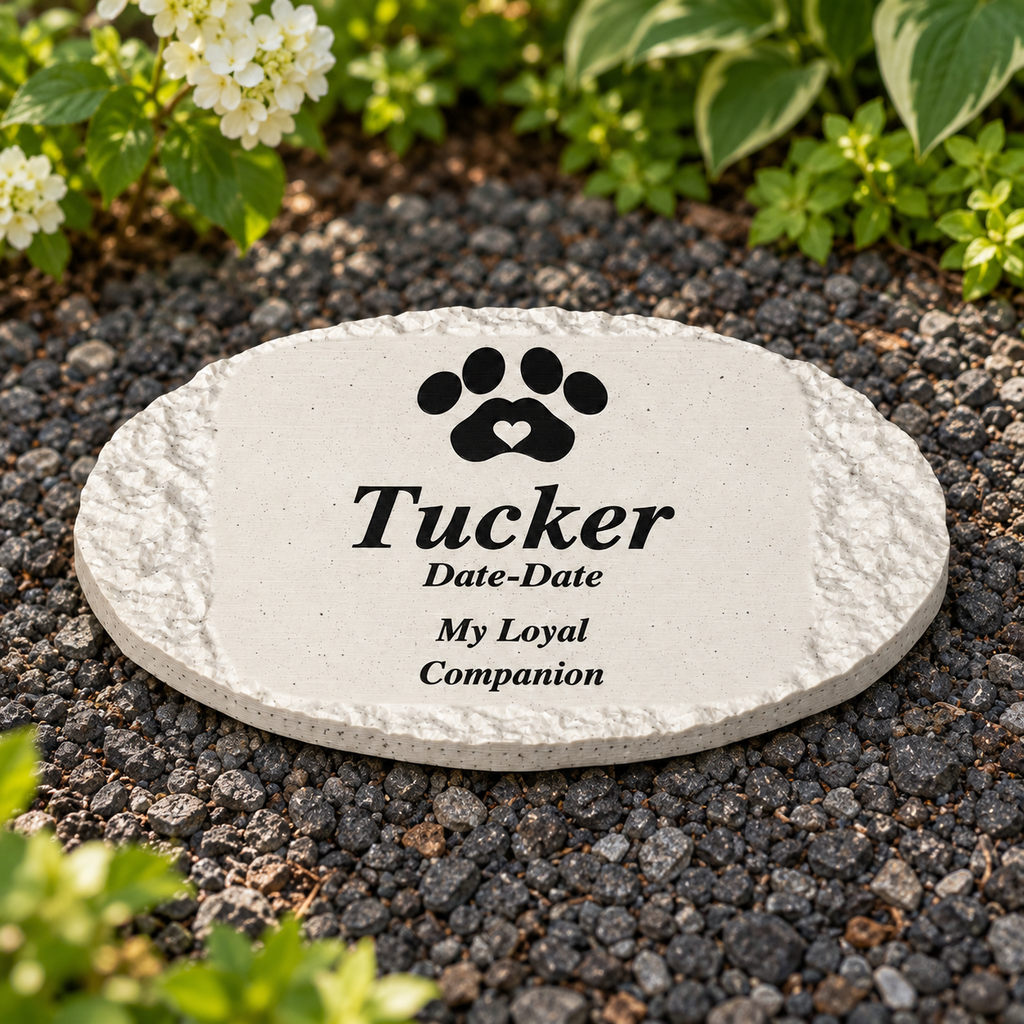 Tucker rough oval 3D-printed marble ASA pet memorial, black personalization in a daylight garden, no LED