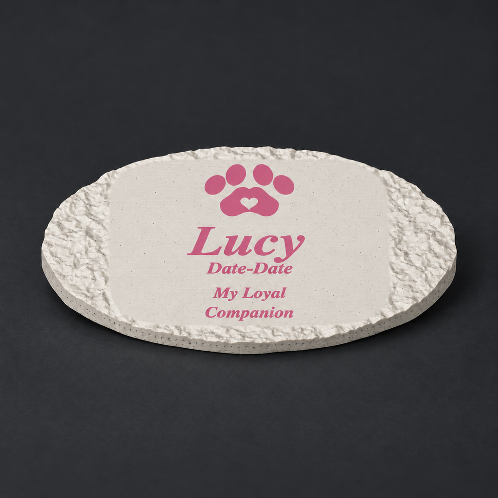Lucy rough oval 3D-printed marble ASA pet memorial, pink lettering and paw, no LED