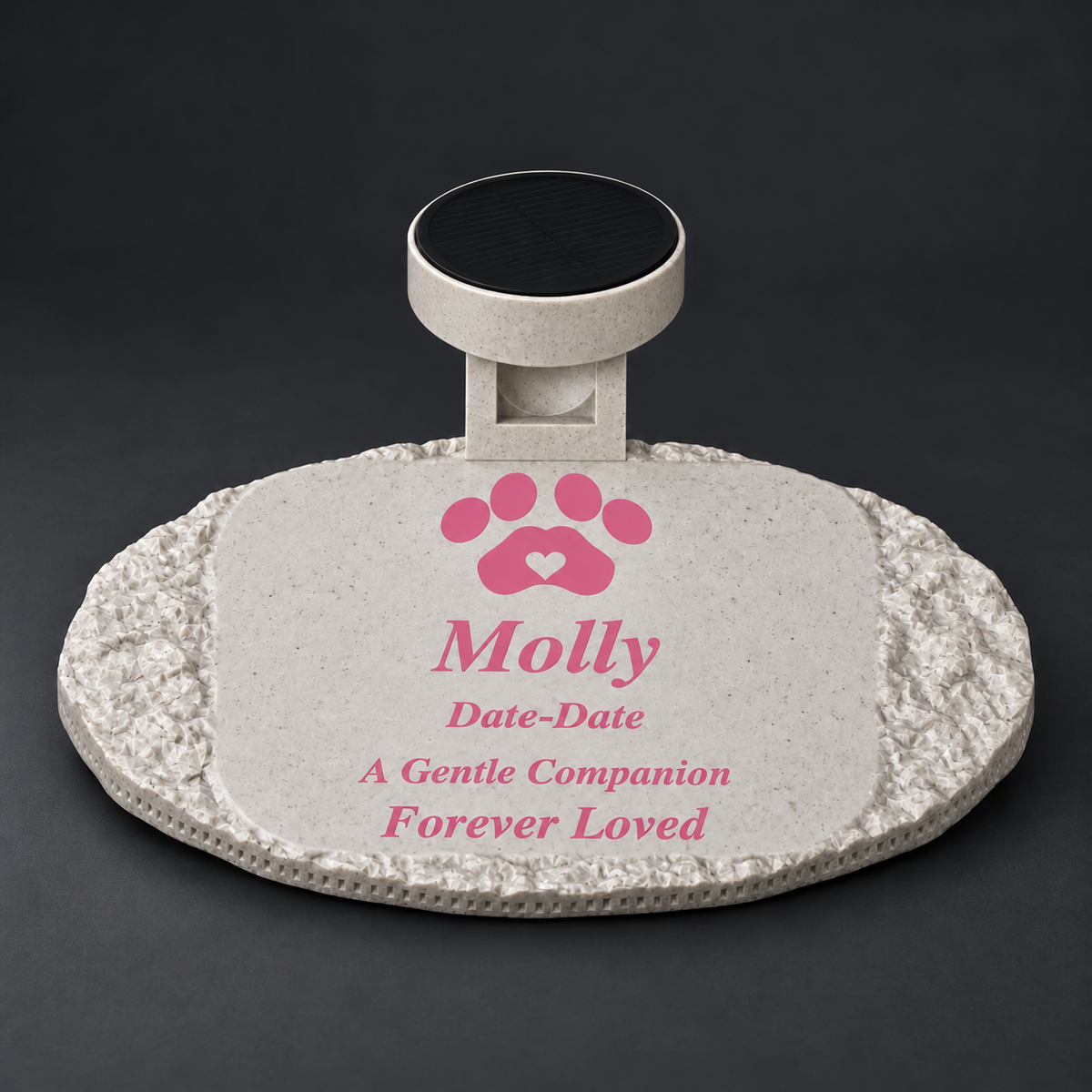 Rough oval marble-look pet memorial with Molly inscription and paw in pink, marble-white heart, and matching solar light
