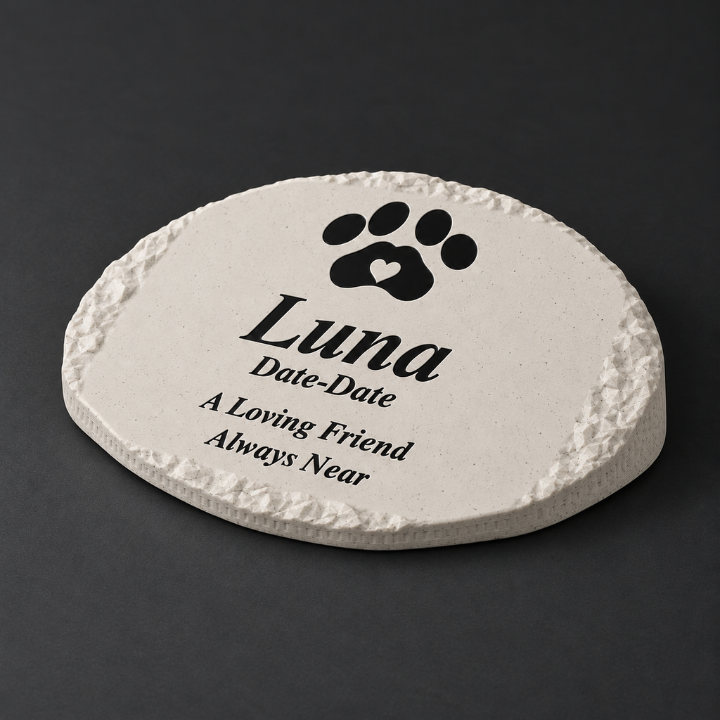 Luna small rough oval 3D-printed marble ASA pet memorial, angled studio view, no LED