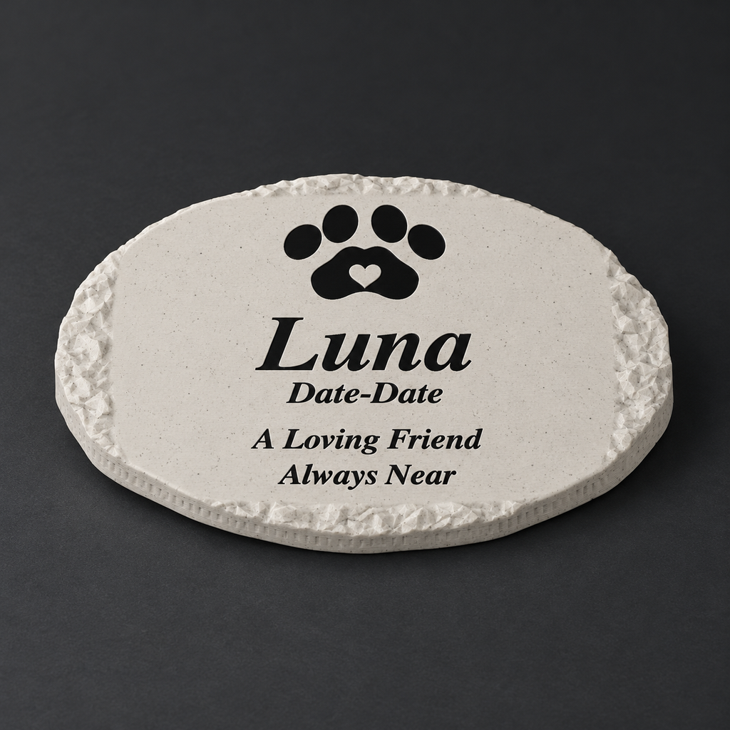 Luna personalized small rough oval pet memorial, 3D-printed matte speckled marble ASA with black lettering and paw, without LED