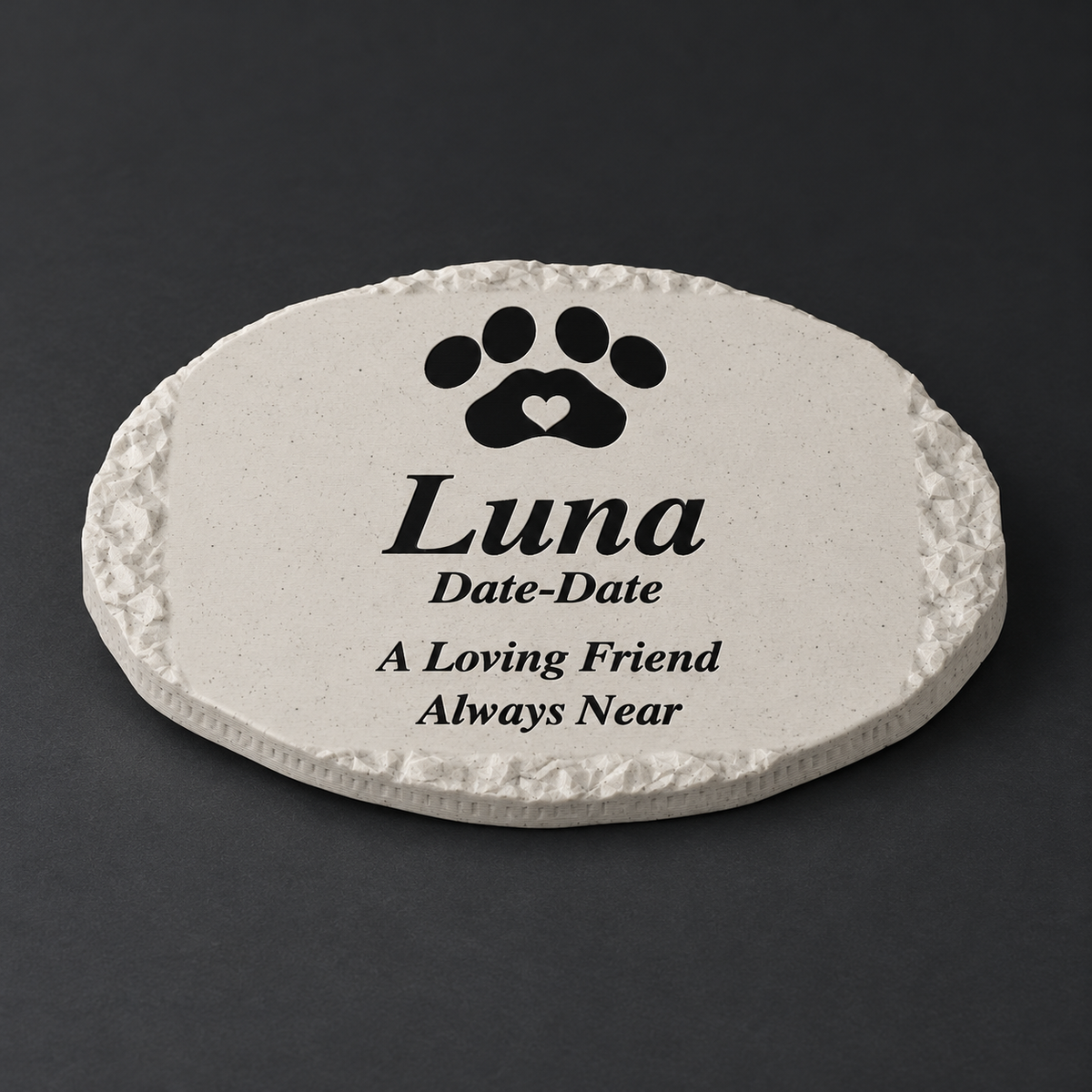 Luna personalized small rough oval pet memorial, 3D-printed matte speckled marble ASA with black lettering and paw, without LED