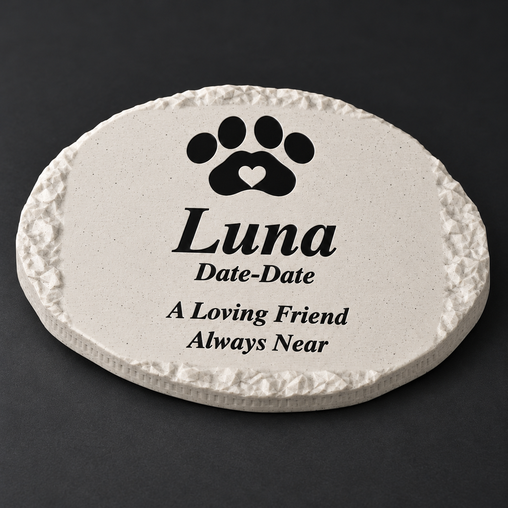 Luna small rough oval 3D-printed marble ASA pet memorial, close view of printed texture and lettering, no LED