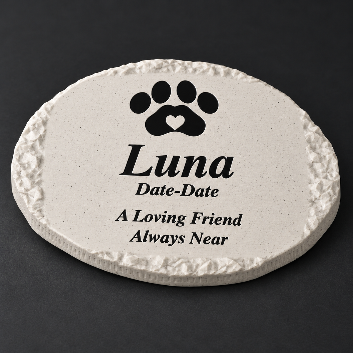 Luna small rough oval 3D-printed marble ASA pet memorial, close view of printed texture and lettering, no LED