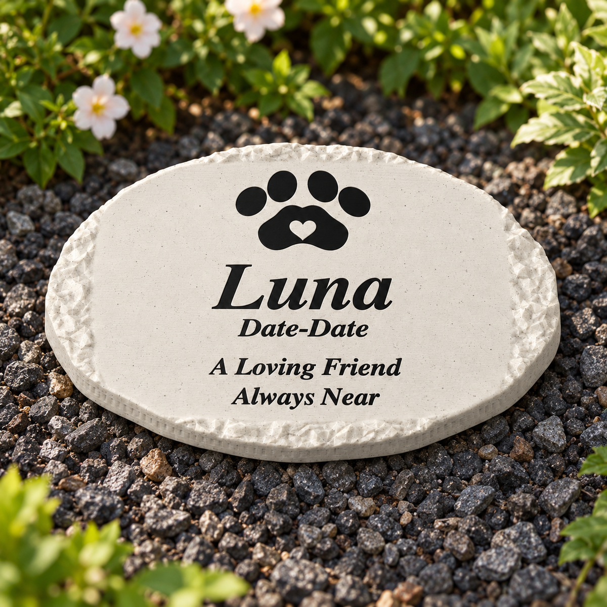 Luna small rough oval 3D-printed marble ASA pet memorial, black personalization in a daylight garden, no LED