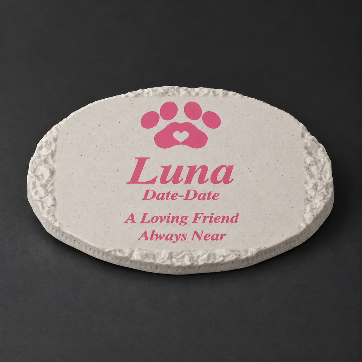 Luna small rough oval 3D-printed marble ASA pet memorial, pink lettering and paw, no LED