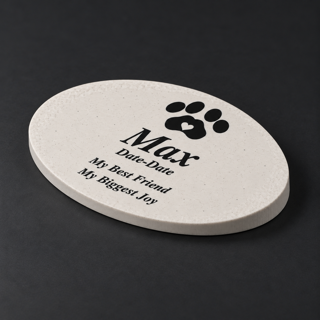 Max small smooth oval 3D-printed marble ASA pet memorial, angled studio view, no LED