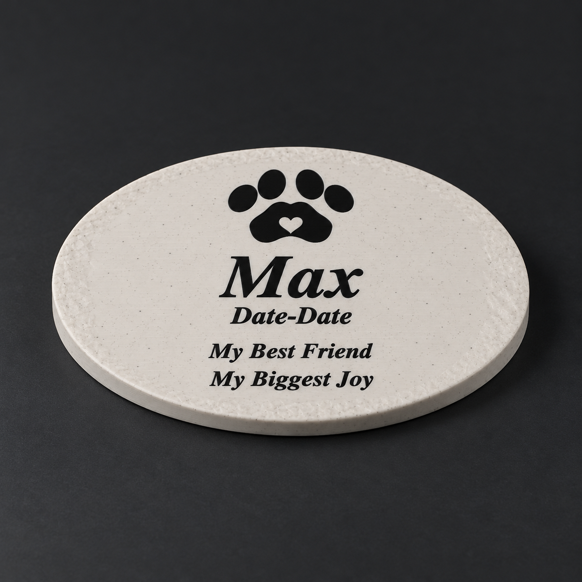 Max personalized small smooth oval pet memorial, 3D-printed matte speckled marble ASA with black lettering and paw, without LED