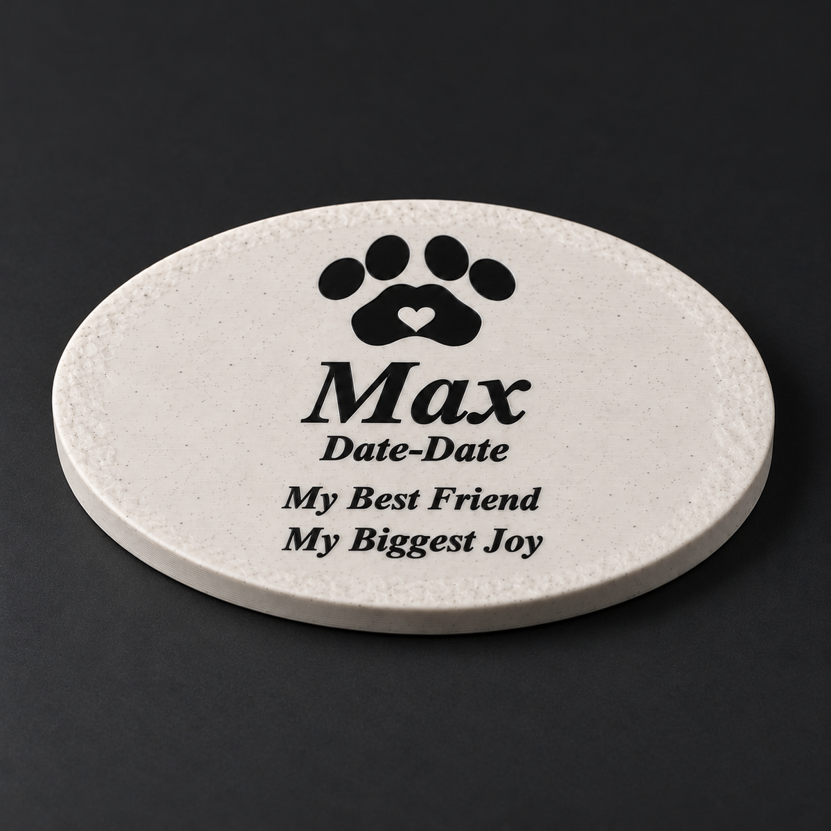 Max small smooth oval 3D-printed marble ASA pet memorial, close view of printed texture and lettering, no LED