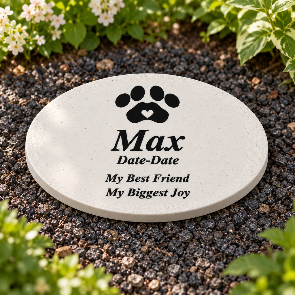 Max small smooth oval 3D-printed marble ASA pet memorial, black personalization in a daylight garden, no LED