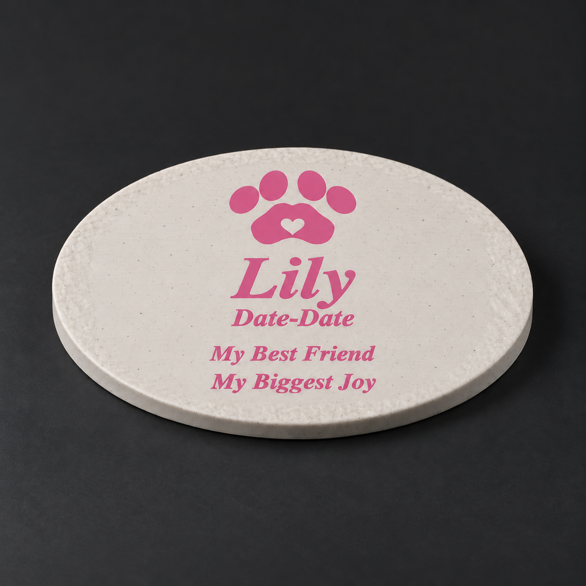 Lily small smooth oval 3D-printed marble ASA pet memorial, pink lettering and paw, no LED