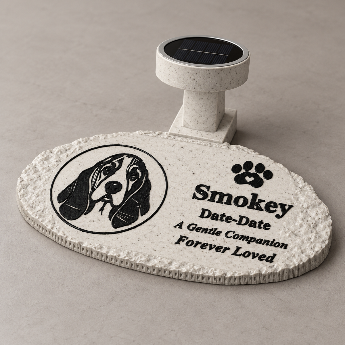 Flat rough oval personalized solar photo pet memorial, studio hero