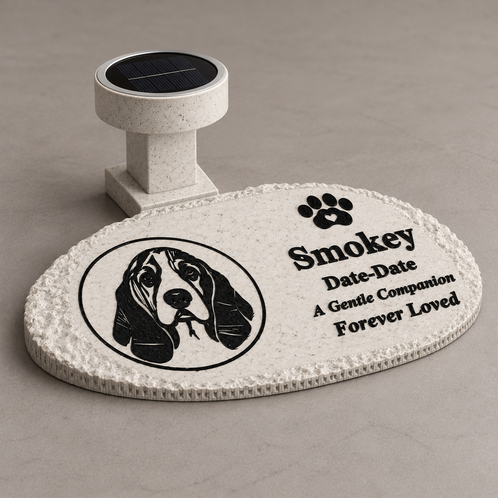 Flat rough oval personalized solar photo pet memorial, low angled studio view