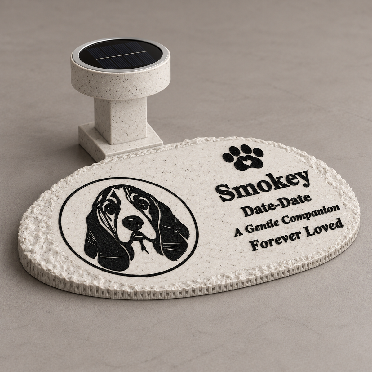 Flat rough oval personalized solar photo pet memorial, low angled studio view