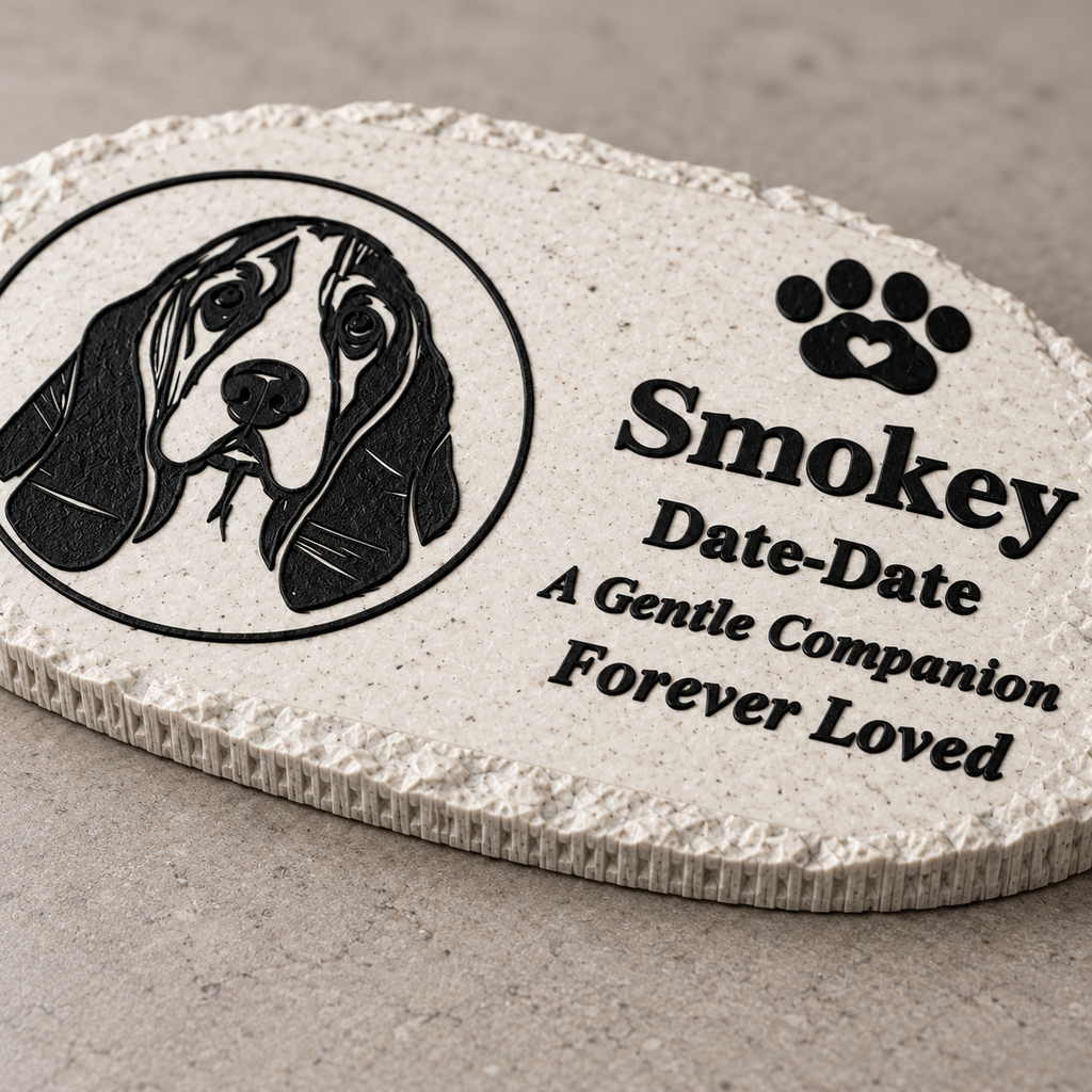 Flat rough oval personalized solar photo pet memorial, raised portrait detail