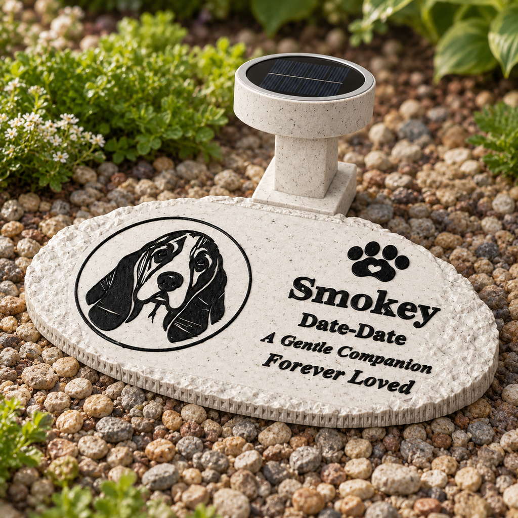 Flat rough oval personalized solar photo pet memorial, garden daylight