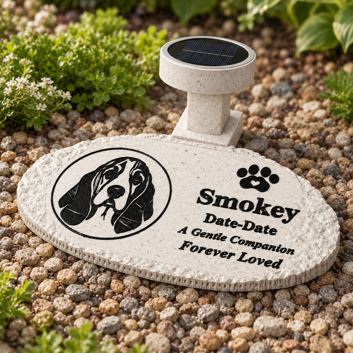 Flat rough oval personalized solar photo pet memorial, garden daylight