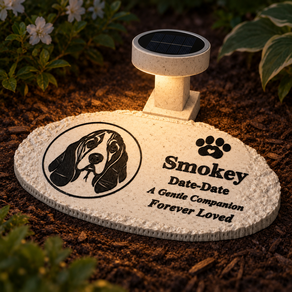 Flat rough oval personalized solar photo pet memorial, warm solar light at dusk