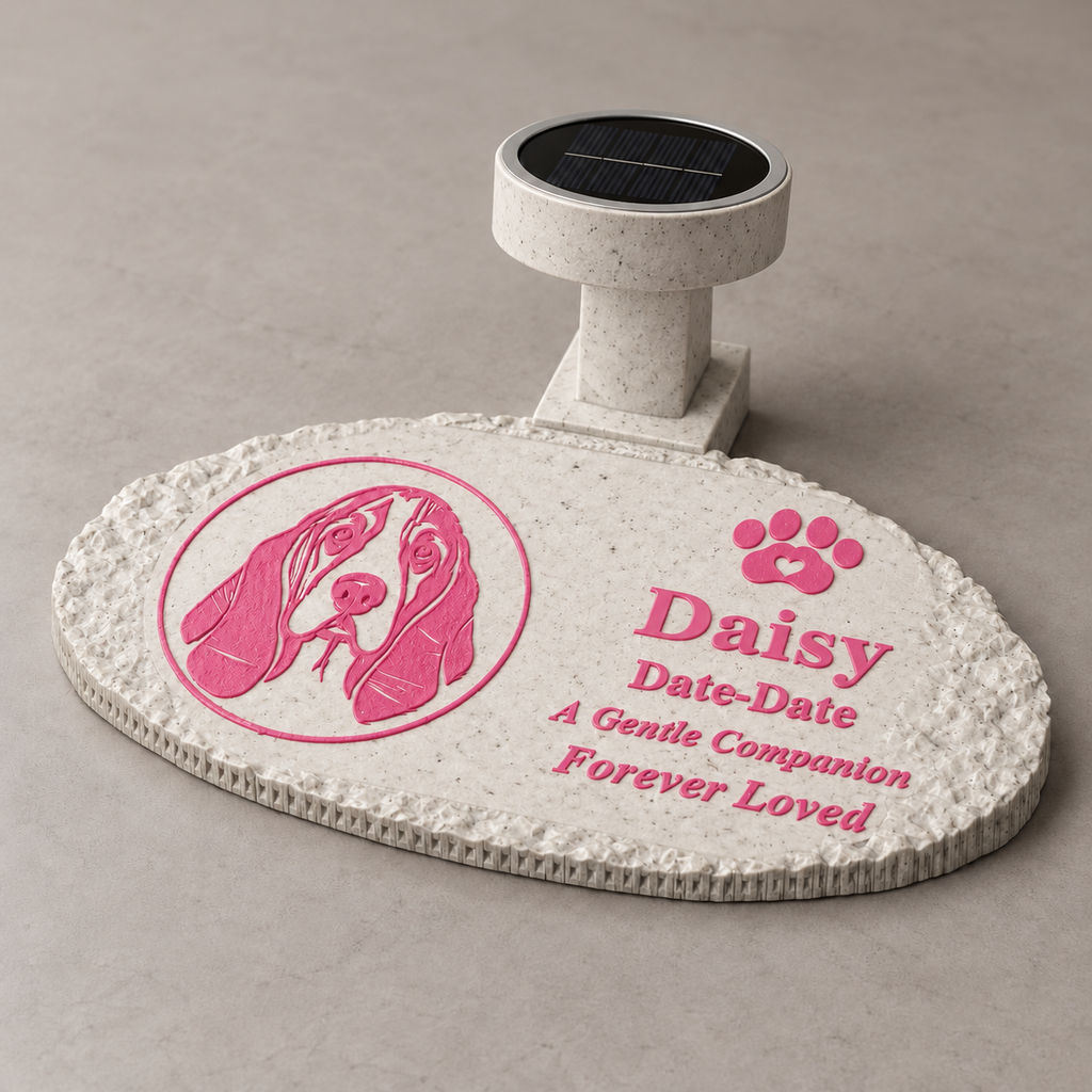 Flat rough oval personalized solar photo pet memorial, Daisy with pink portrait and lettering