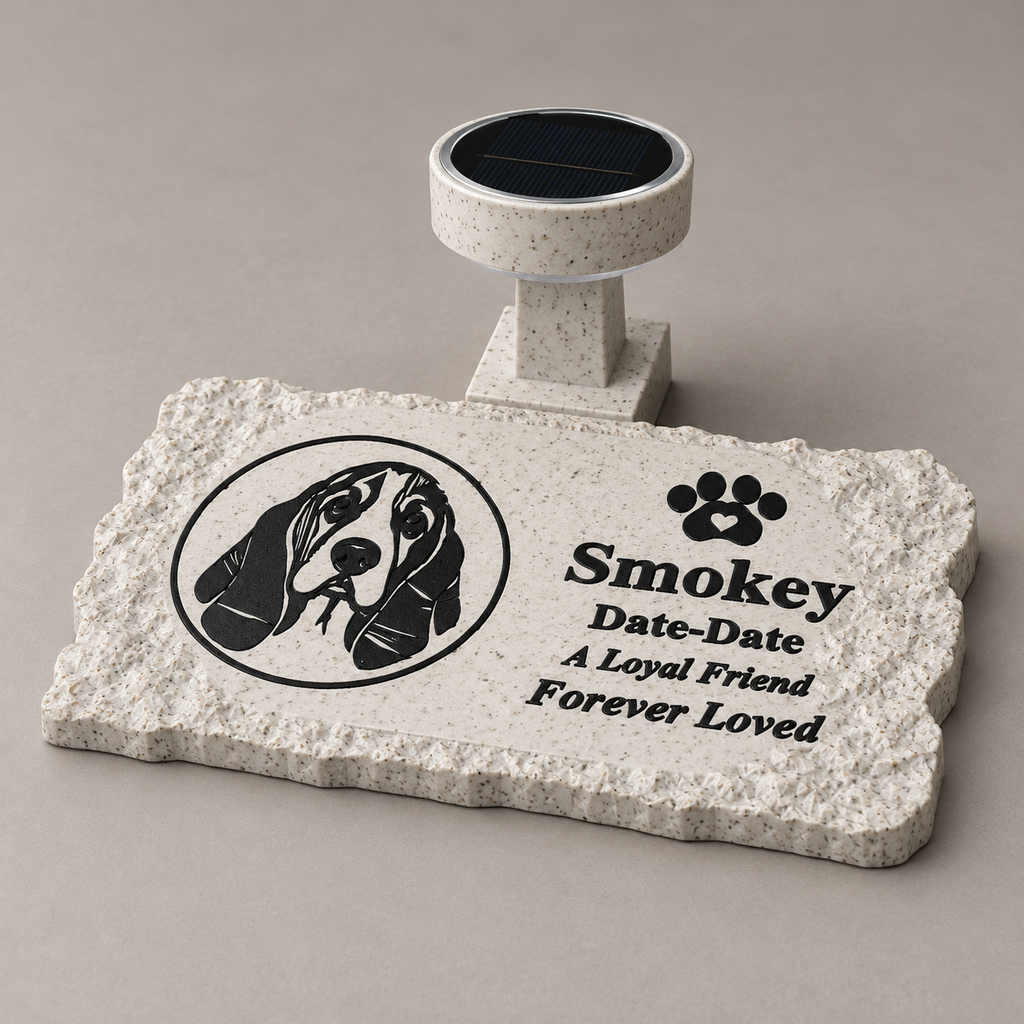 Flat rough rectangle personalized solar photo pet memorial, studio hero