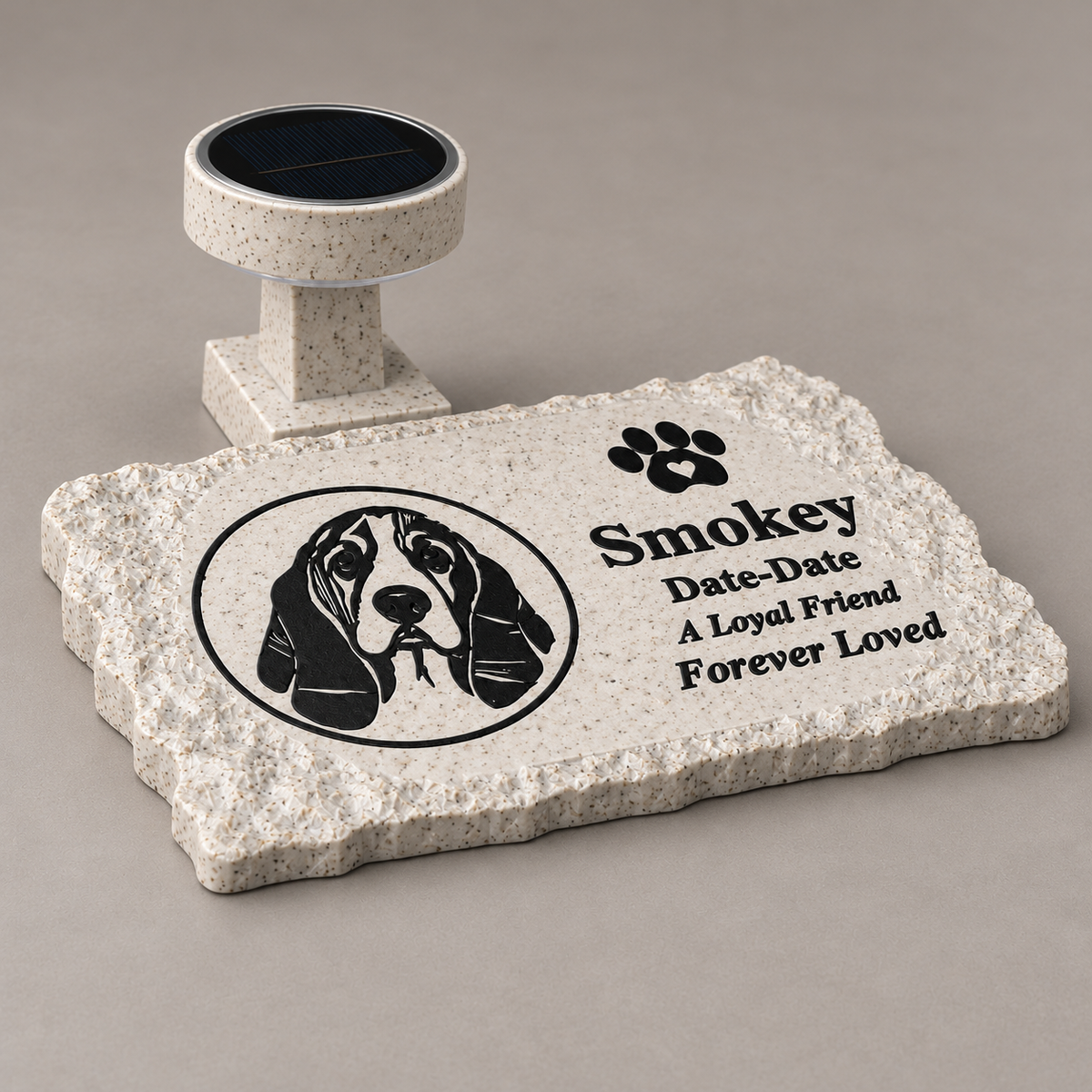 Flat rough rectangle personalized solar photo pet memorial, low angled studio view