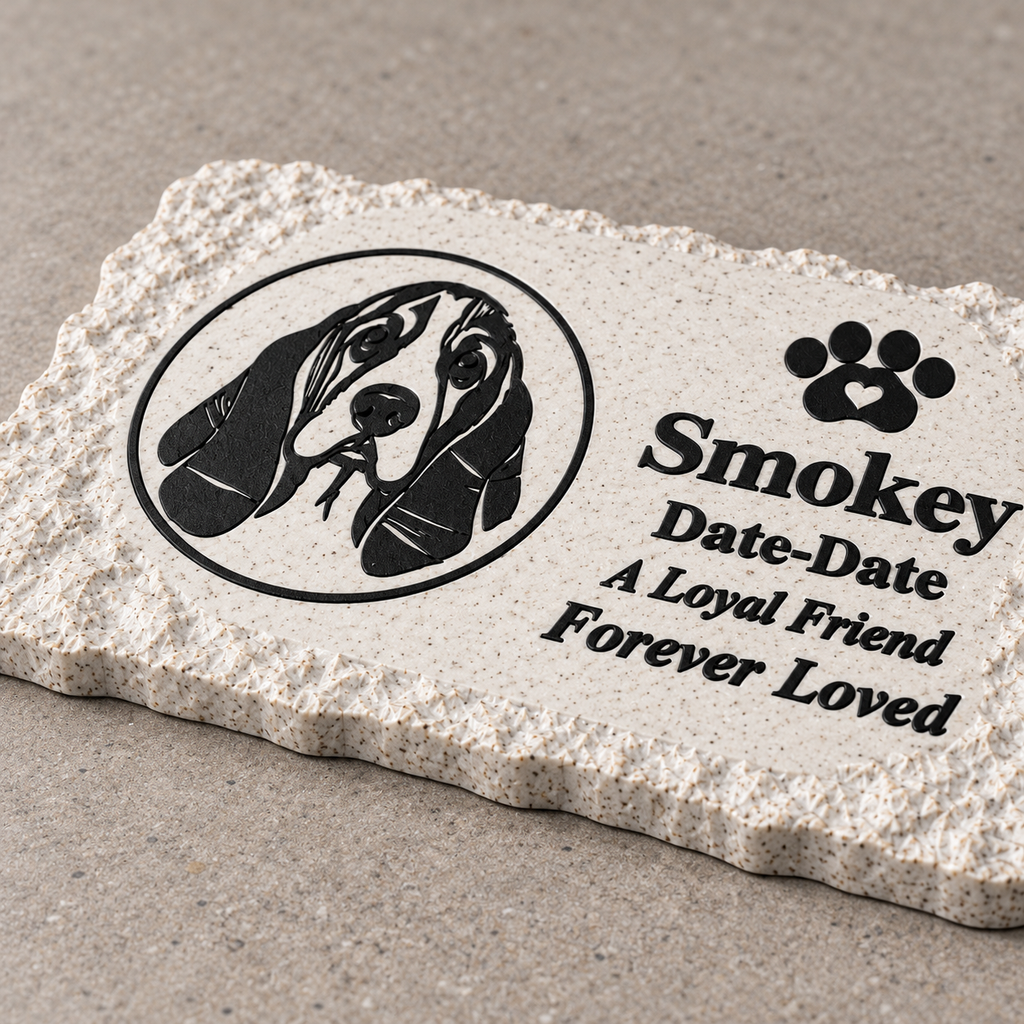 Flat rough rectangle personalized solar photo pet memorial, raised portrait detail
