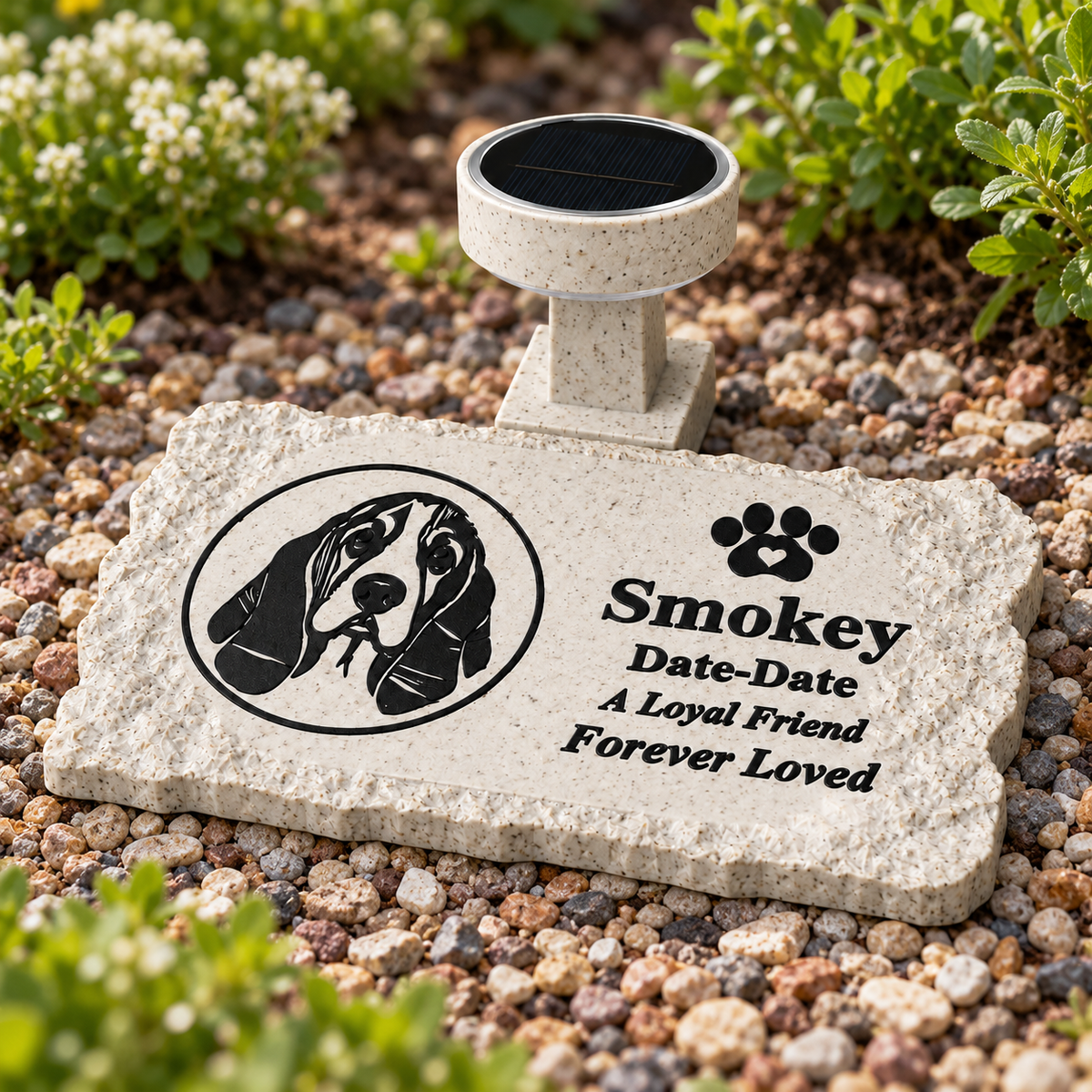 Flat rough rectangle personalized solar photo pet memorial, garden daylight