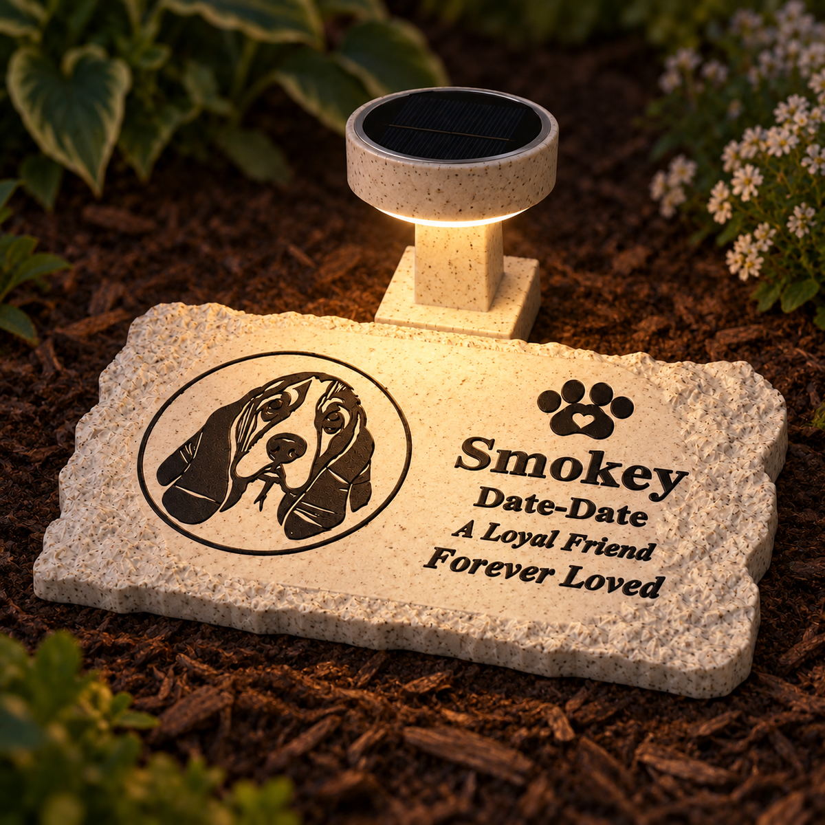Flat rough rectangle personalized solar photo pet memorial, warm solar light at dusk