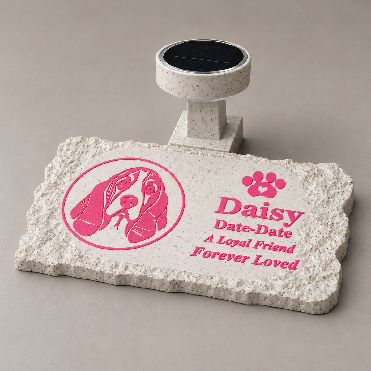 Flat rough rectangle personalized solar photo pet memorial, Daisy with pink portrait and lettering