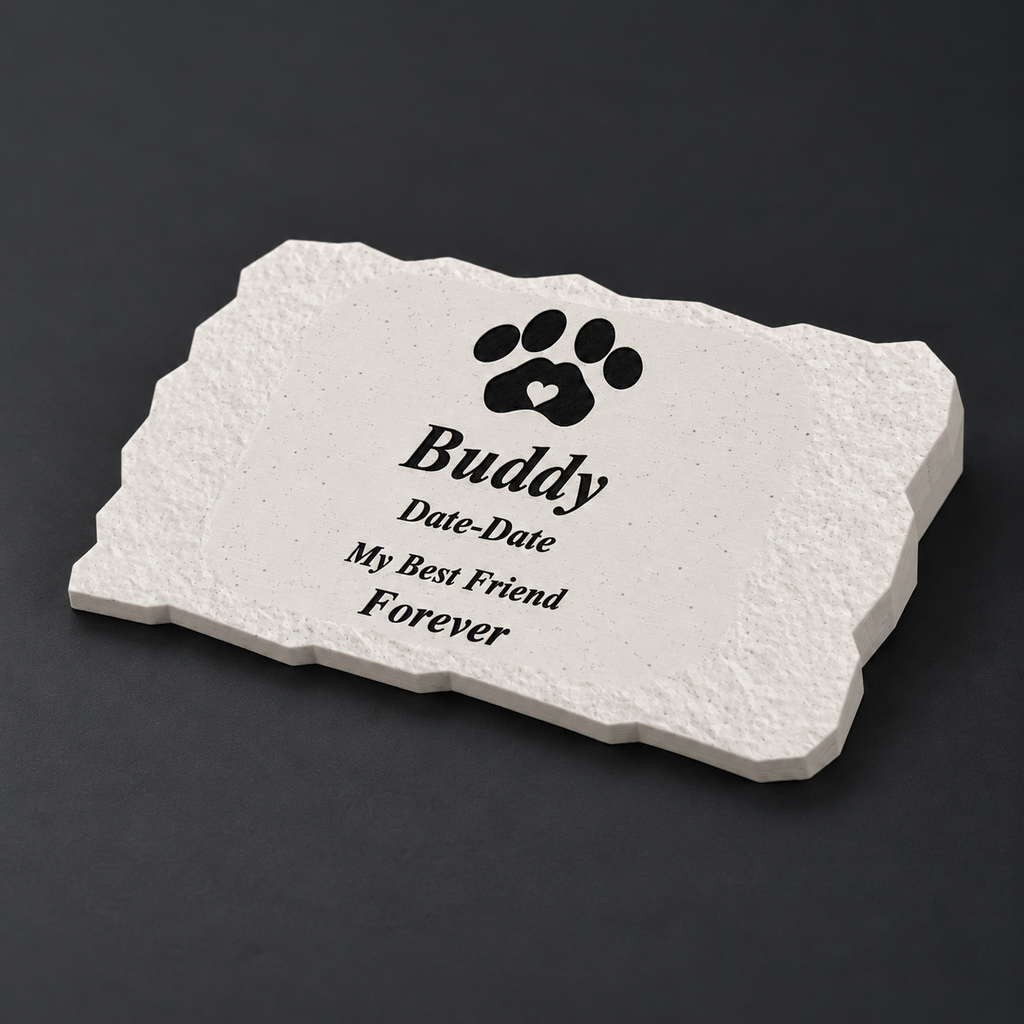 Buddy smooth rectangular 3D-printed marble ASA pet memorial, angled studio view, no LED